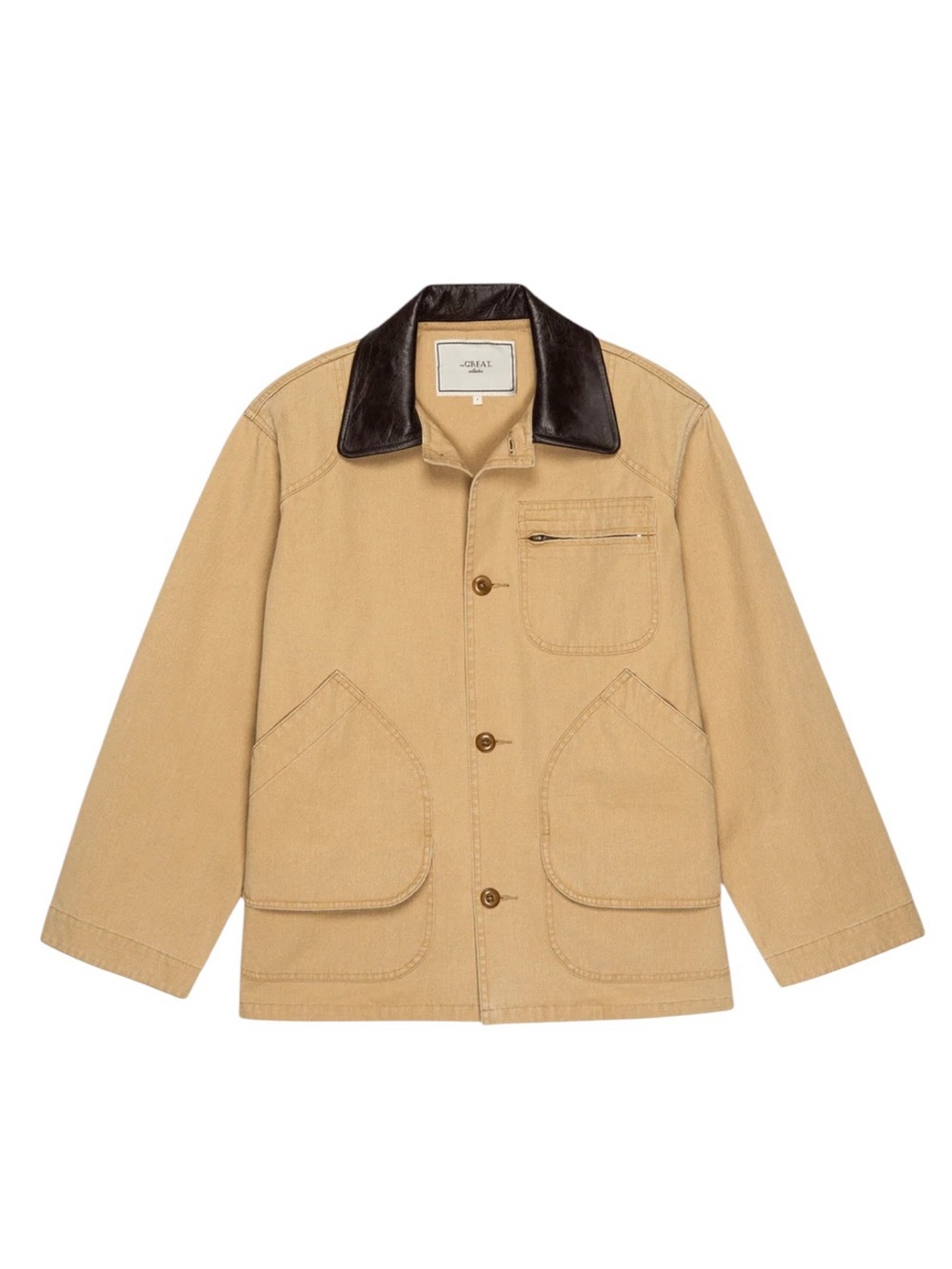 THE GREAT. Tan Barn Jacket with Dark Brown leather Collar excellent condition